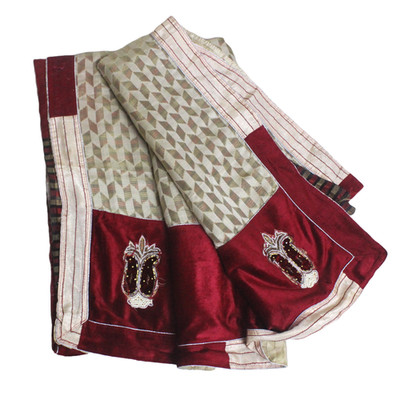 Embroidered Beige Dress Sari Indian Vintage Curtain Drape 5Y Saree Fabric Scrap