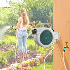Retractable Hose Reel Wall Mounted with Lock, Auto Rewind, Grey
