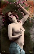 Original French nude woman original 1920 tinted color photo postcard 3