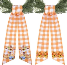 2 Pcs 60" Fall Wreath Sashes Plaid Pumpkin Autumn Farmhouse DIY Bow Decoration