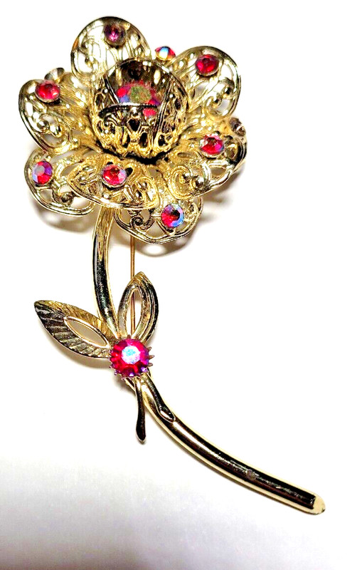60s Sarah Coventry-SIGNED-Red Aurora Borealis 4" Blooming Flower FILIGREE Brooch