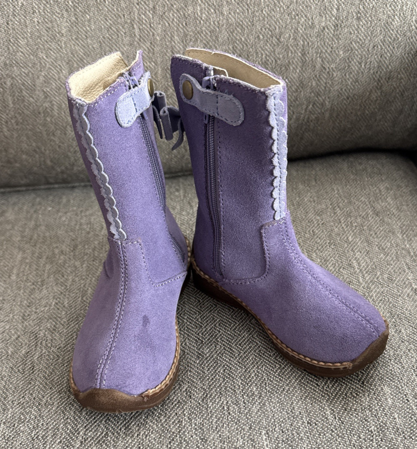 Lands End Toddler Girls 6 Purple Leather Boots Plum Scallop Trim Bow Side Zip