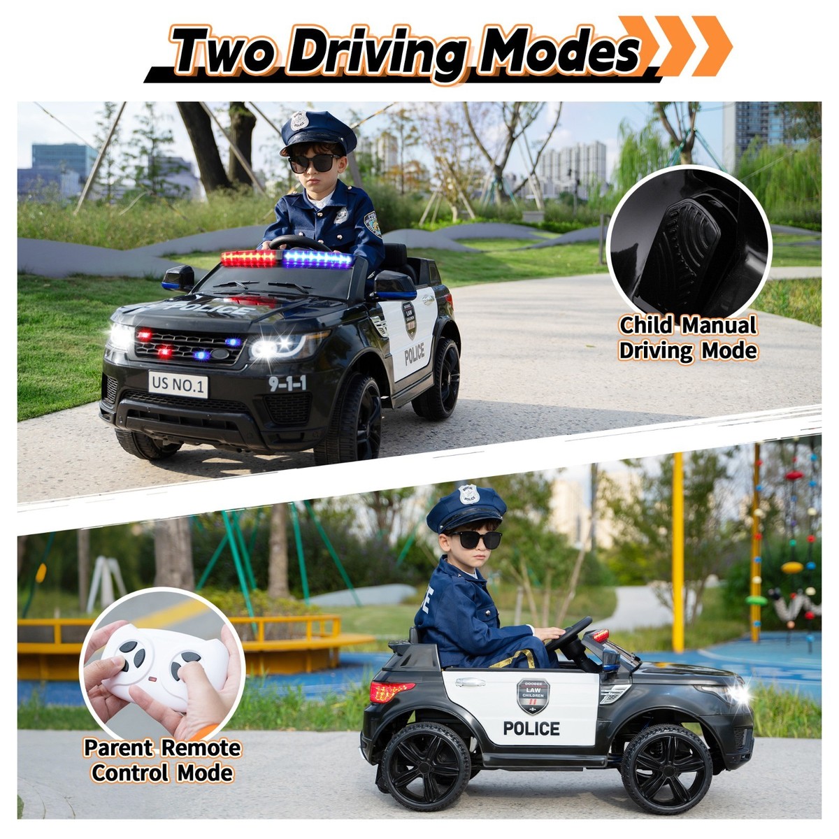 SOARS Voiture électrique Enfant 12V – Police, Sirène, Clignotants, Musique, USB, Radio – Télécommande 3 Vitesses – 30 Kg – Dès 3 Ans, Blanc