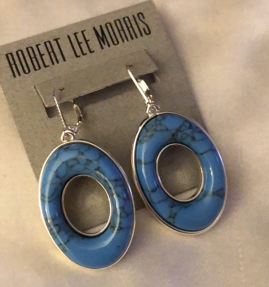 Robert Lee Morris Oval Silver Tone  Drop Earrings Blue Veined Turquoise NWT - Image 4 of 4