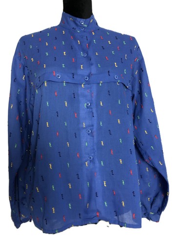 Ship'n Shore Women's Blue Button Up Long Sleeve Top Multi Color Embroidery