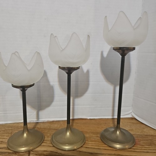 Brass Votive Candle Holders w Tulip Flower Shaped Frosted Glass Globes Set of 3 - Picture 4 of 11