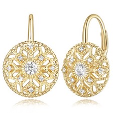 14K Gold Hoop Earrings Women Dangle Cubic Zirconia Drop Leverback Engraved