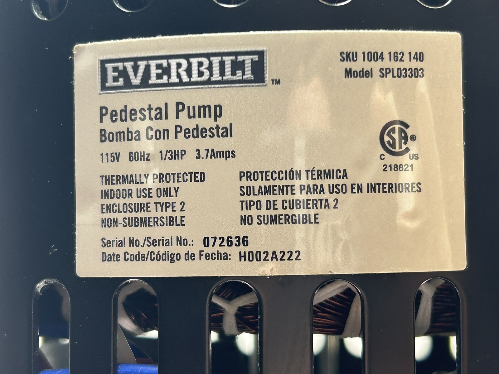 Everbilt 1/3 HP 40 Gal per min Plastic Pedestal Sump Pump FOR PARTS NOT