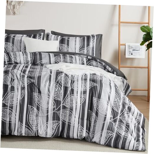 Comforter Set 7 Pieces,Grey Botanical Bed in a Bag,Boho Striped Queen Gray