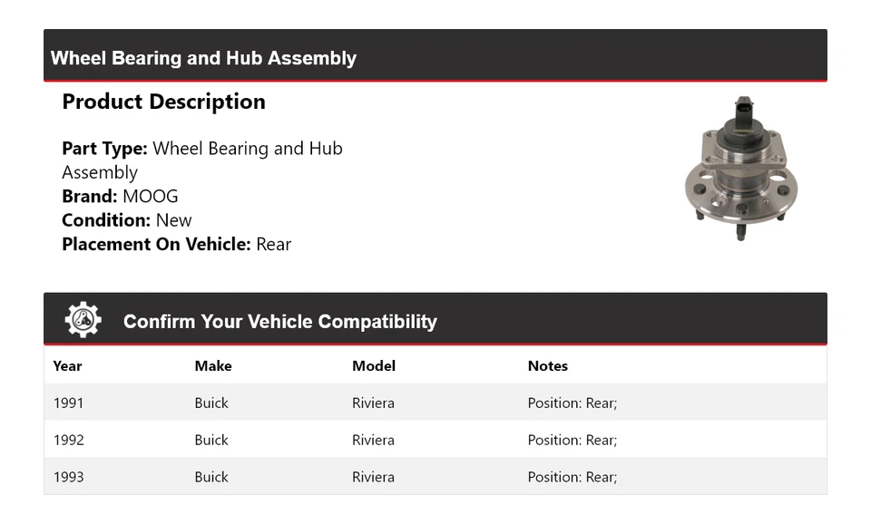 Conjunto de cojinete de rueda y buje trasero para Buick Riviera 1991-1993 MOOG 1991 1992 Foto 2 de 4
