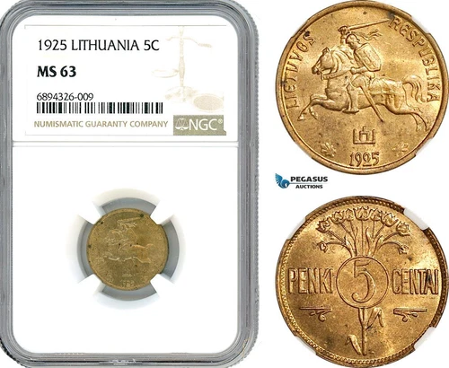 AJ860, Lithuania, 5 Centai 1925, Kings Norton Mint, NGC MS63
