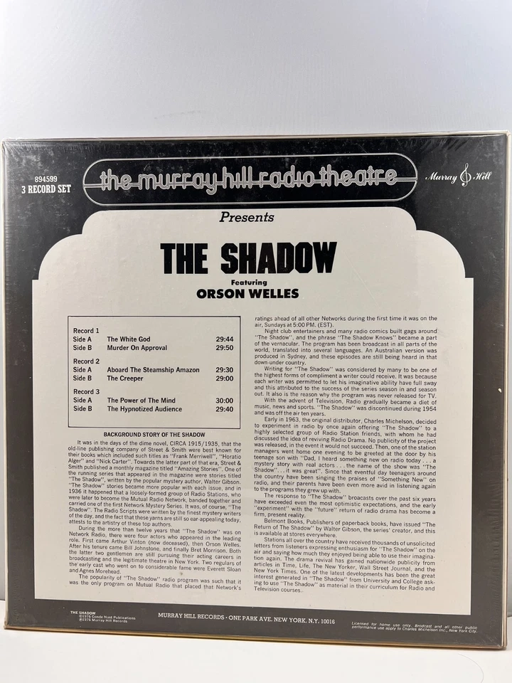 A38 Orson Welles: The Shadow, 1976 Murray Hill 894599 - Radio 3 LPs - New Sealed - Image 2 of 2