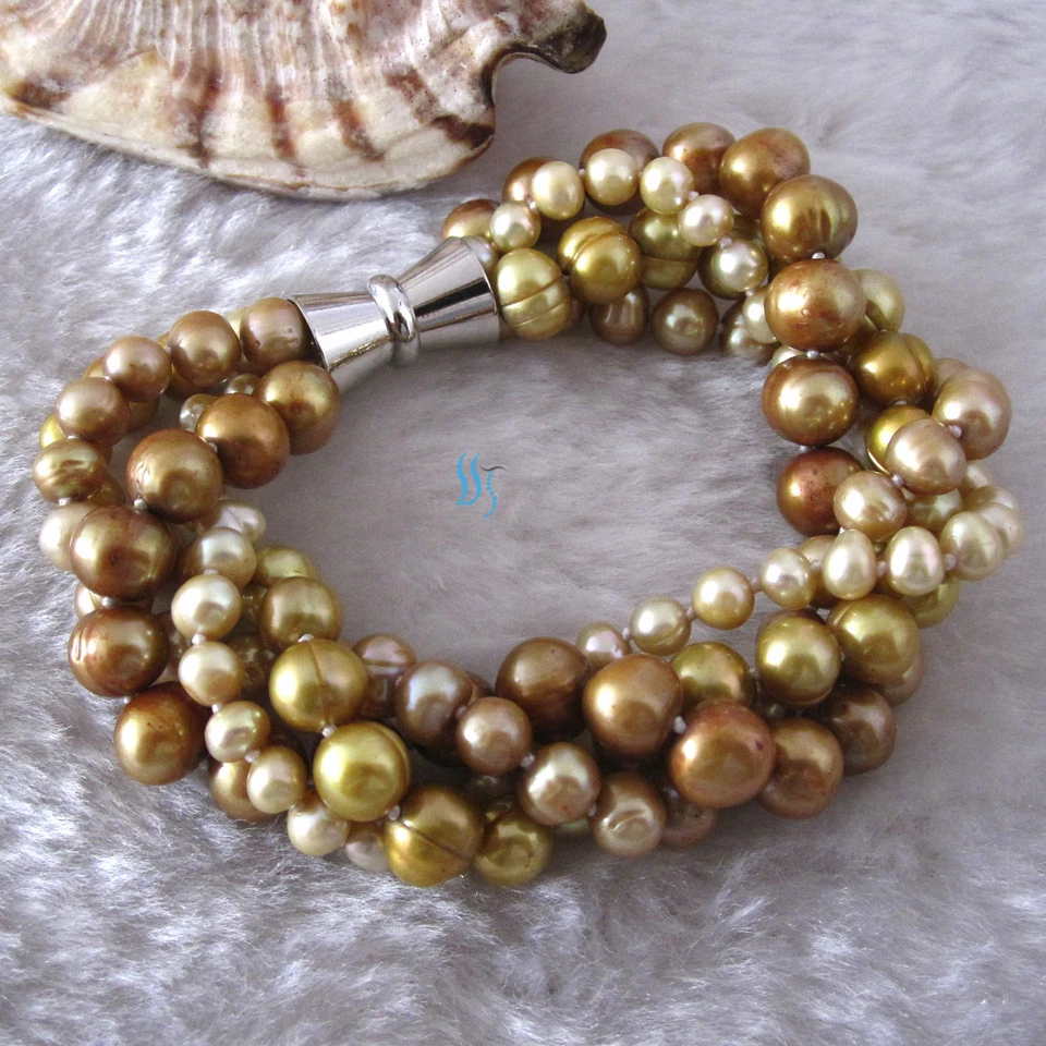 Pulsera de perlas de agua dulce 8" 4-9 mm champán 4 filas joyería Foto 4 de 4