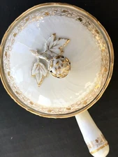 Antique KPM Pot de Creme w Handle Gold Rose Finial Gilt Scroll Dessert Cup w Lid