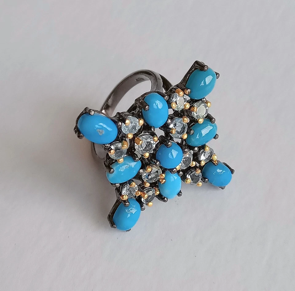 ANELLO IN ARGENTO STERLING 925 BRUNITO CON TURCHESI E TOPAZI AZZURRI NATURALI - Immagine 3 di 4