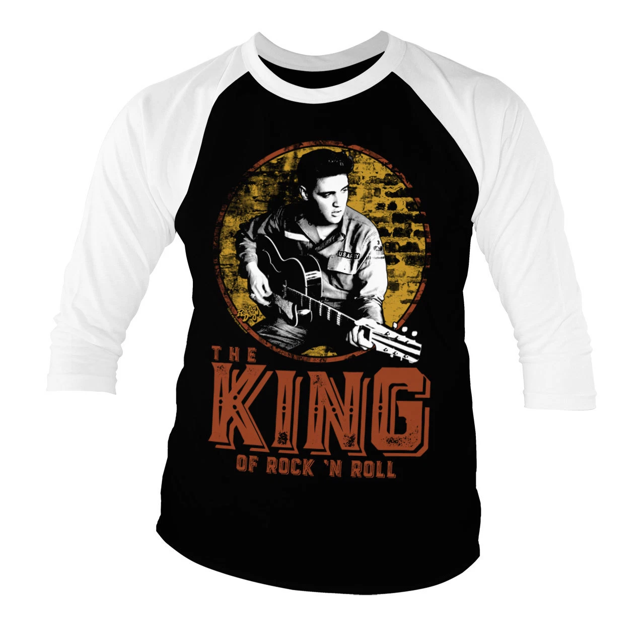 Officially Licensed Elvis King Of Rock' n Roll Unisex 3\4 Sleeve Baseball Tee
