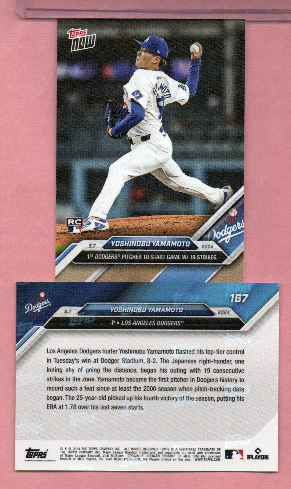 Yoshinobu Yamamoto 2024 Topps NOW 19 Strikes RC Dodgers #167 Print Run 3910