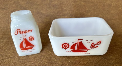 Vintage McKee Red Ships Milk Glass Pepper Shaker (No Lid) & Refrigerator Dish - Picture 23 of 24
