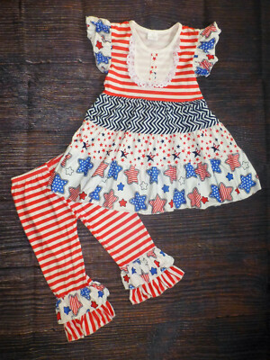 NEW Boutique 4th of July Patriotic Tunic Dress & Ruffle Leggings Girls Outfit