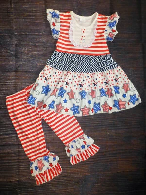 NEW Boutique 4th of July Patriotic Tunic Dress & Ruffle Leggings Girls Outfit - Image 1 of 4
