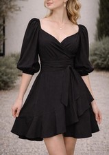 Little Black Puffy Sleeve Sweetheart Neckline Vintage Style Ruffle Wrap Dress M