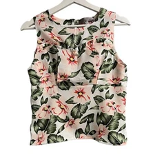 Tropical White & Pink Floral Sleeveless Feminine Summer Casual Blouse Size M