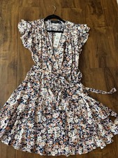 MINKPINK Floral Wrap Dress V-Neck Ruffle Belted Tie, Size M, Short