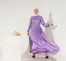 Women’s Purple Solid Maxi Dress One Size Round Neck Satin Long Sleeve Pleated