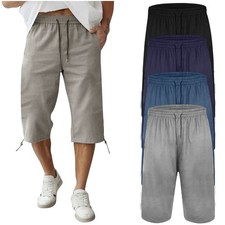Men's Long Short Plain Cotton Jersey 3/4 Length Elasticated Waist Bottoms S-2XL