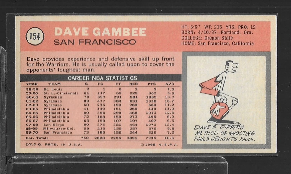 1970-71 TOPPS BASKETBALL # 154 DAVE GAMBEE NICE CARD - Image 2 of 2