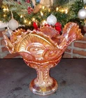 Antique Marigold Carnival Glass Large Compote Punch 2 Pc Pedestal Bowl Gorgeous!