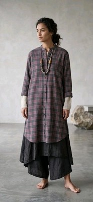 NWT Nishat Pret Size 8 Tunic Top Shirt Dress Cotton Linen Plaid Preppy Lagenlook