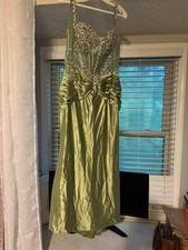 Green Silk Satin Slip Dress Long V-Neck Spaghetti Strap Beaded Formal Sz 6