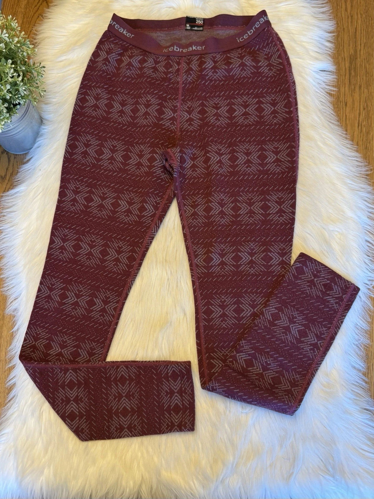 Icebreaker Leggings Merino 250 Maroon Patterned Base Layer Pant Women’s Sz M