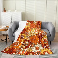Retro 60S 70S Floral Flannel Fleece Blanket,Floral Vintage Pattern Plush Thro...