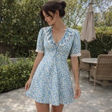 RIXO Anya Pastel Floral Puff Sleeve Mini Dress Blue XS