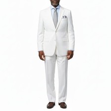 VINCI Men's White Solid Color Elastic Waistband Classic Regular Fit Suit
