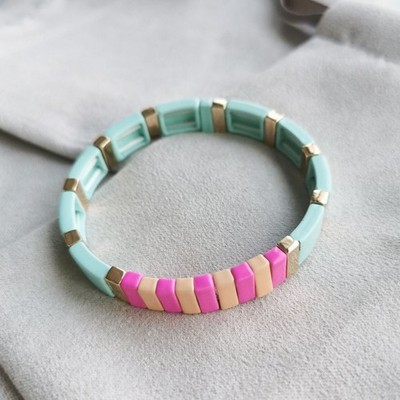 Roxanne Assoulin Rainbow Brite Gold Light Blue Pink And Orange Stretch Bracelet