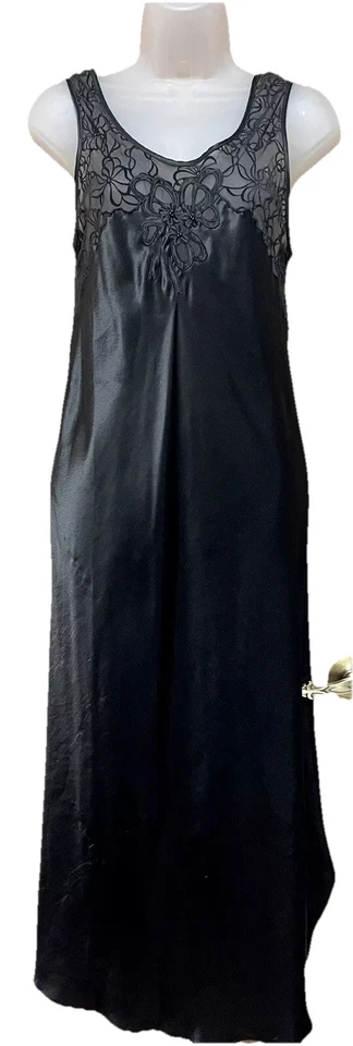 Juego Peignoir Vintage Sara Beth Negro Satinado Encaje Cuentas Excelente Pequeño Foto 2 de 4