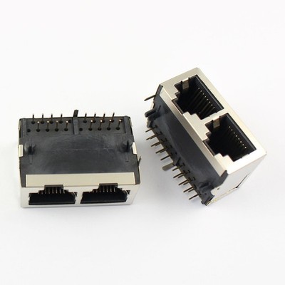 1Pcs RJ45 Modular Network Connector Dual Port 2 Ports 59 8P8C PCB Jack Shielded
