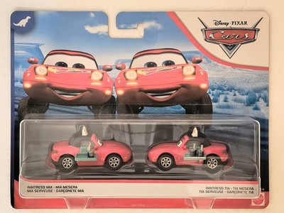 NEW ORIGINAL 2018 WAITRESS MIA & TIA Disney Cars FLO'S CAFE Dinoco 400 2-Pack