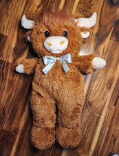Large Highland Cow Plush Stuffed Animal Brown Longhorn Cattle Blue Bow