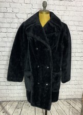 Vtg 70s Faux Fur Double Breasted Black Teddy Bear Car Coat