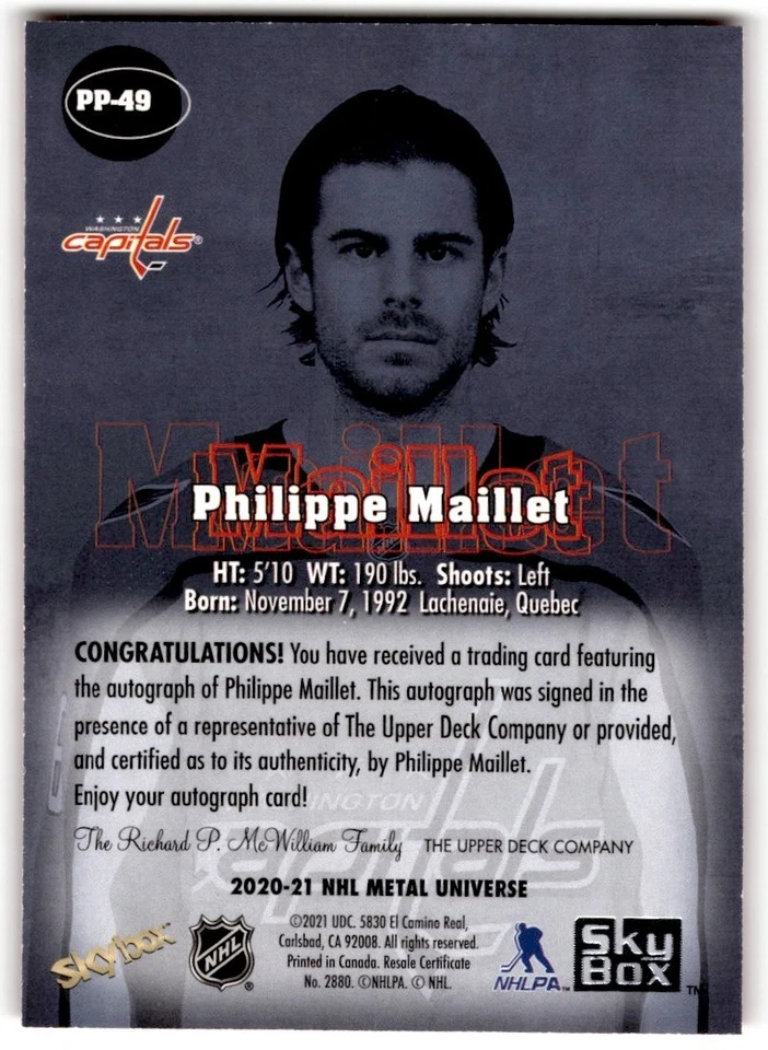2020-21 Metal Universe Skybox Philippe Maillet Rookie Auto #PP-49 Washington - Image 2 of 2