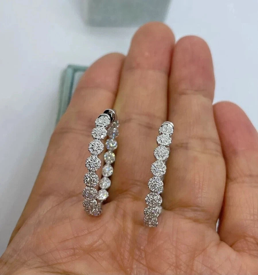 Rund Geschliffen Künstlicher Diamant Damen Huggie Creolen 14k Weiß Vergoldet - Bild 2 von 4