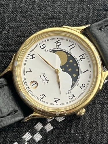 Alba Seiko Moonphase Mens Gold Plated Vintage Watch Date Leather Strap Gents