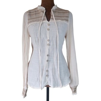 MINE Women's Blouse Size XS Crinkle Ruffle Button Front Bohemian Sheer Neutral