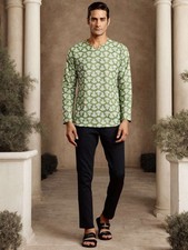 Men Indian Ethnic Kurta Cotton Tunic Green Boho Festival Wear Diwali Outfit