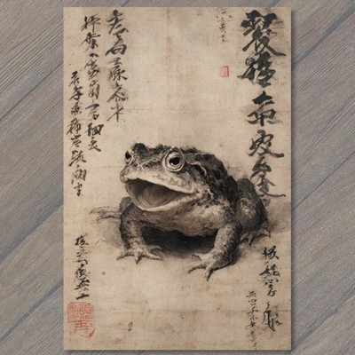 POSTCARD Asian Calligraphy Frog Toad Ink Brush Kanji Red Seal