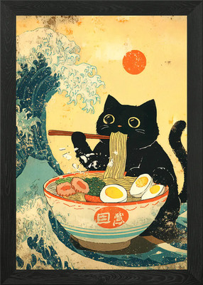 Black Cat Eating Ramen with Great W Framed Wall Art Poster Canvas Print Picture